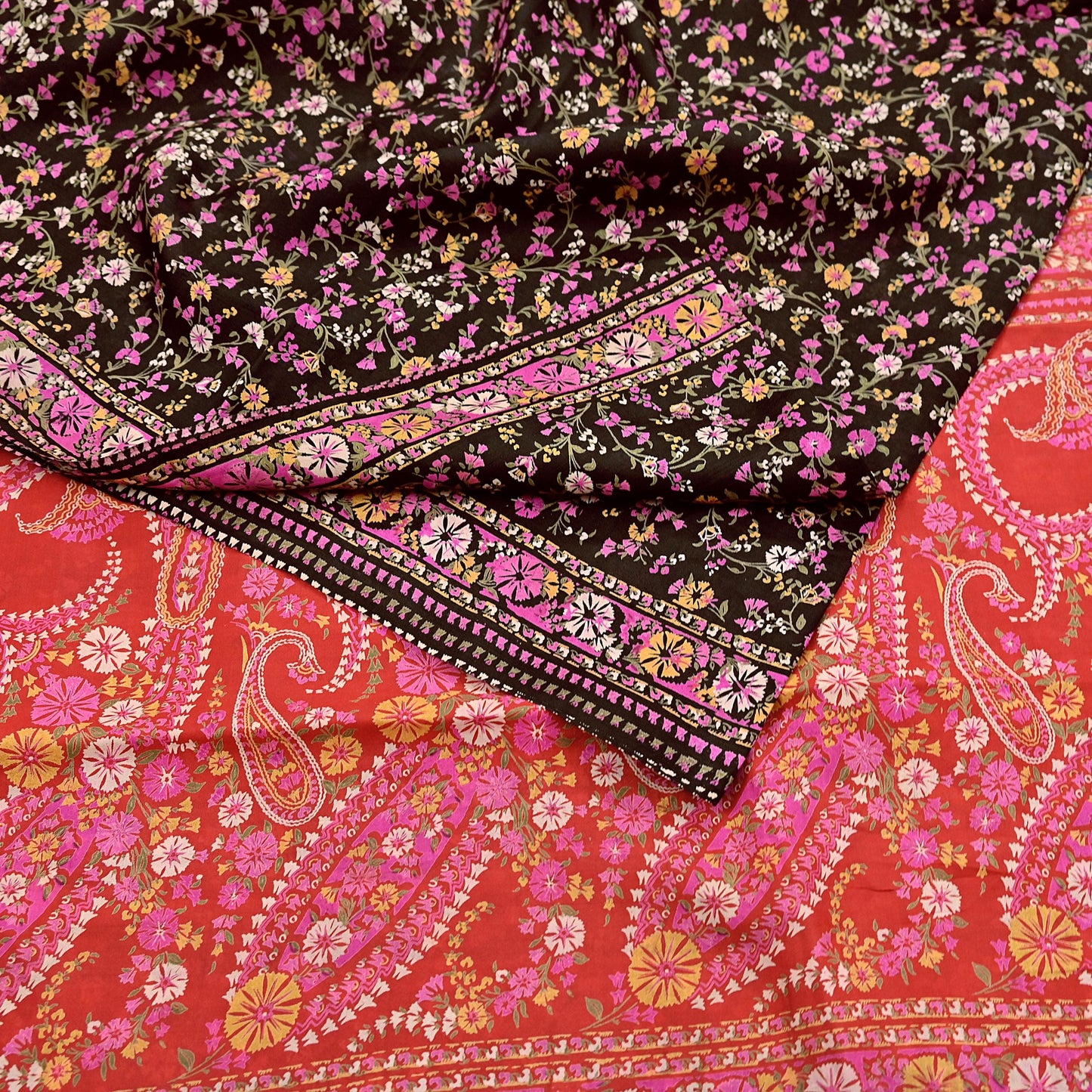 Indian Vintage Red & Black Pure Silk Printed Saree 5 Yards Soft Floral Fabric for Dressmaking, Quilting, Crafting, Sewing, Dress Making