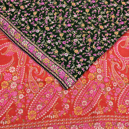 Indian Vintage Red & Black Pure Silk Printed Saree 5 Yards Soft Floral Fabric for Dressmaking, Quilting, Crafting, Sewing, Dress Making