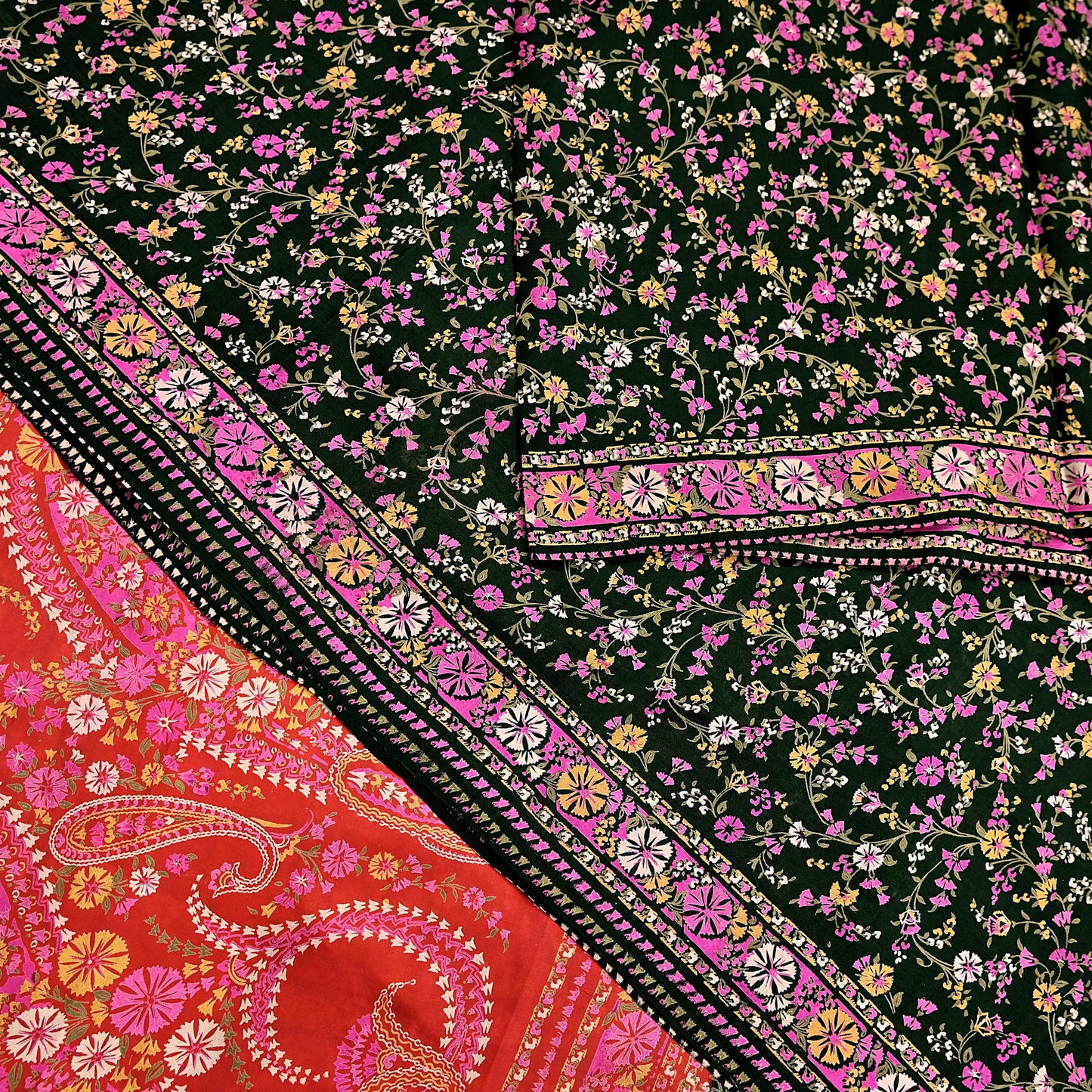 Indian Vintage Red & Black Pure Silk Printed Saree 5 Yards Soft Floral Fabric for Dressmaking, Quilting, Crafting, Sewing, Dress Making