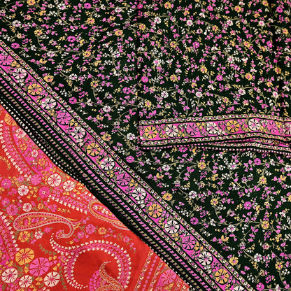 Indian Vintage Red & Black Pure Silk Printed Saree 5 Yards Soft Floral Fabric for Dressmaking, Quilting, Crafting, Sewing, Dress Making