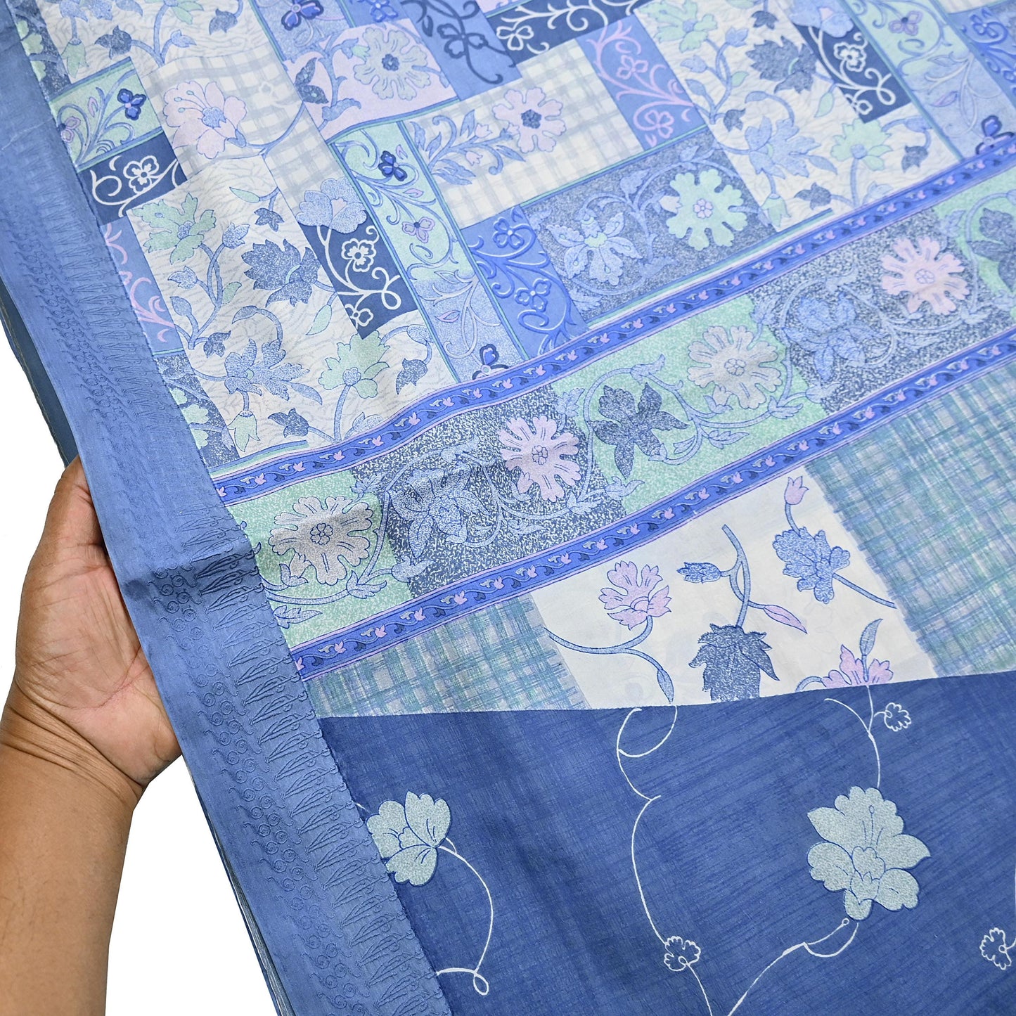 Indian Vintage Sari Gray & Blue Pure Silk Printed Saree 5yd Craft Fabric Sewing Floral Soft Dress Making Wrap used Quilting Crafting Upcycle