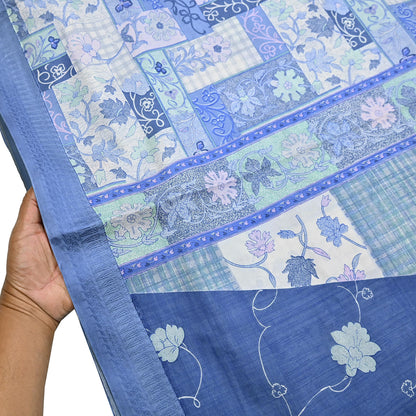 Indian Vintage Sari Gray & Blue Pure Silk Printed Saree 5yd Craft Fabric Sewing Floral Soft Dress Making Wrap used Quilting Crafting Upcycle