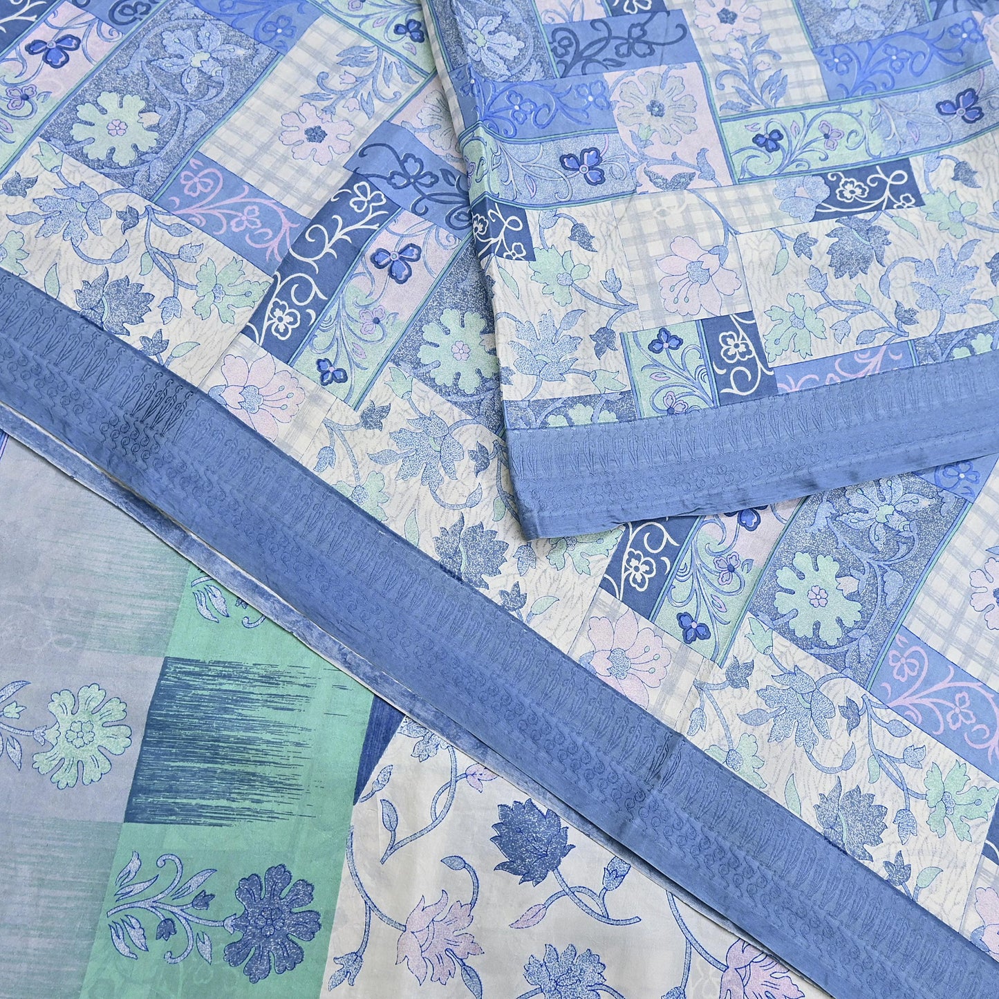 Indian Vintage Sari Gray & Blue Pure Silk Printed Saree 5yd Craft Fabric Sewing Floral Soft Dress Making Wrap used Quilting Crafting Upcycle