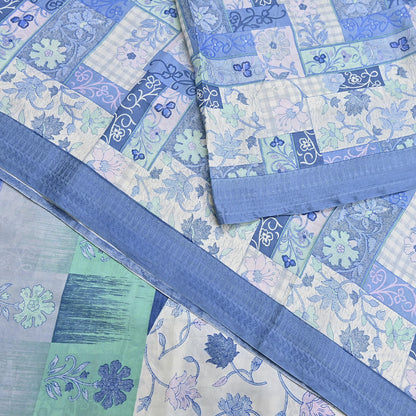 Indian Vintage Sari Gray & Blue Pure Silk Printed Saree 5yd Craft Fabric Sewing Floral Soft Dress Making Wrap used Quilting Crafting Upcycle