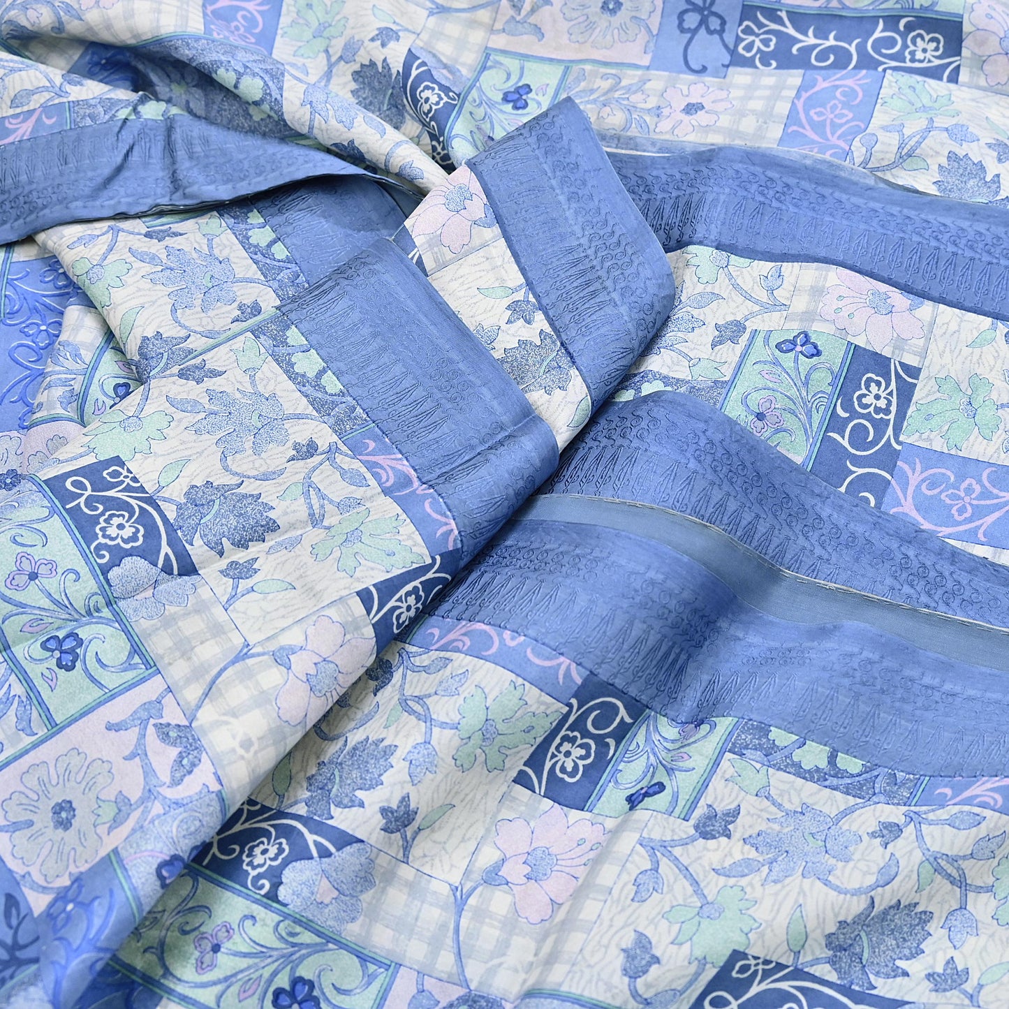 Indian Vintage Sari Gray & Blue Pure Silk Printed Saree 5yd Craft Fabric Sewing Floral Soft Dress Making Wrap used Quilting Crafting Upcycle