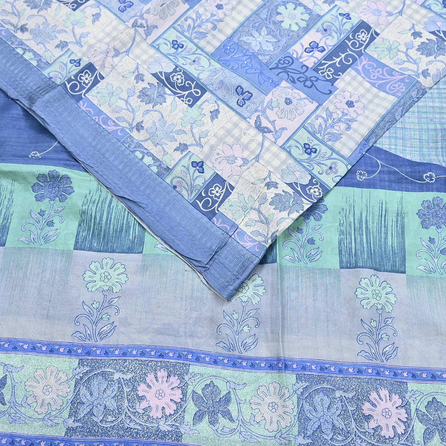 Indian Vintage Sari Gray & Blue Pure Silk Printed Saree 5yd Craft Fabric Sewing Floral Soft Dress Making Wrap used Quilting Crafting Upcycle