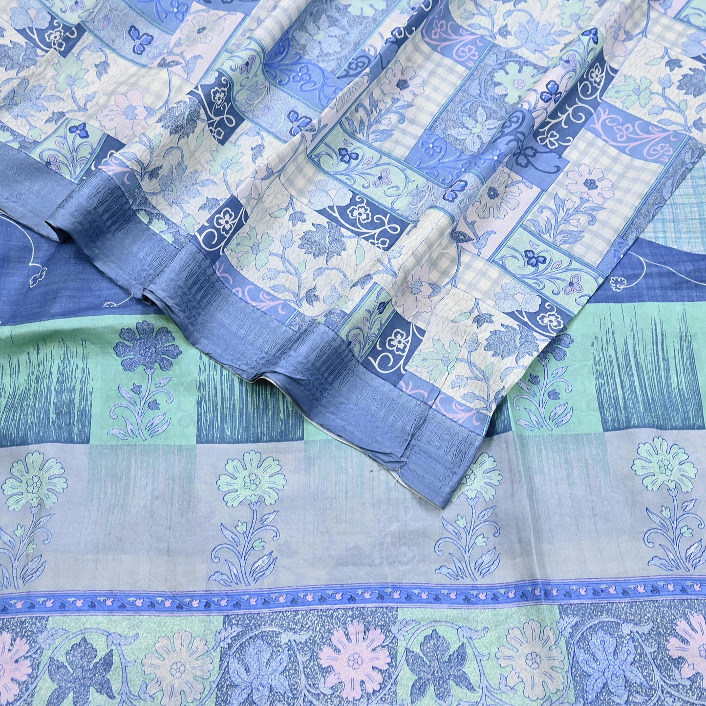 Indian Vintage Sari Gray & Blue Pure Silk Printed Saree 5yd Craft Fabric Sewing Floral Soft Dress Making Wrap used Quilting Crafting Upcycle