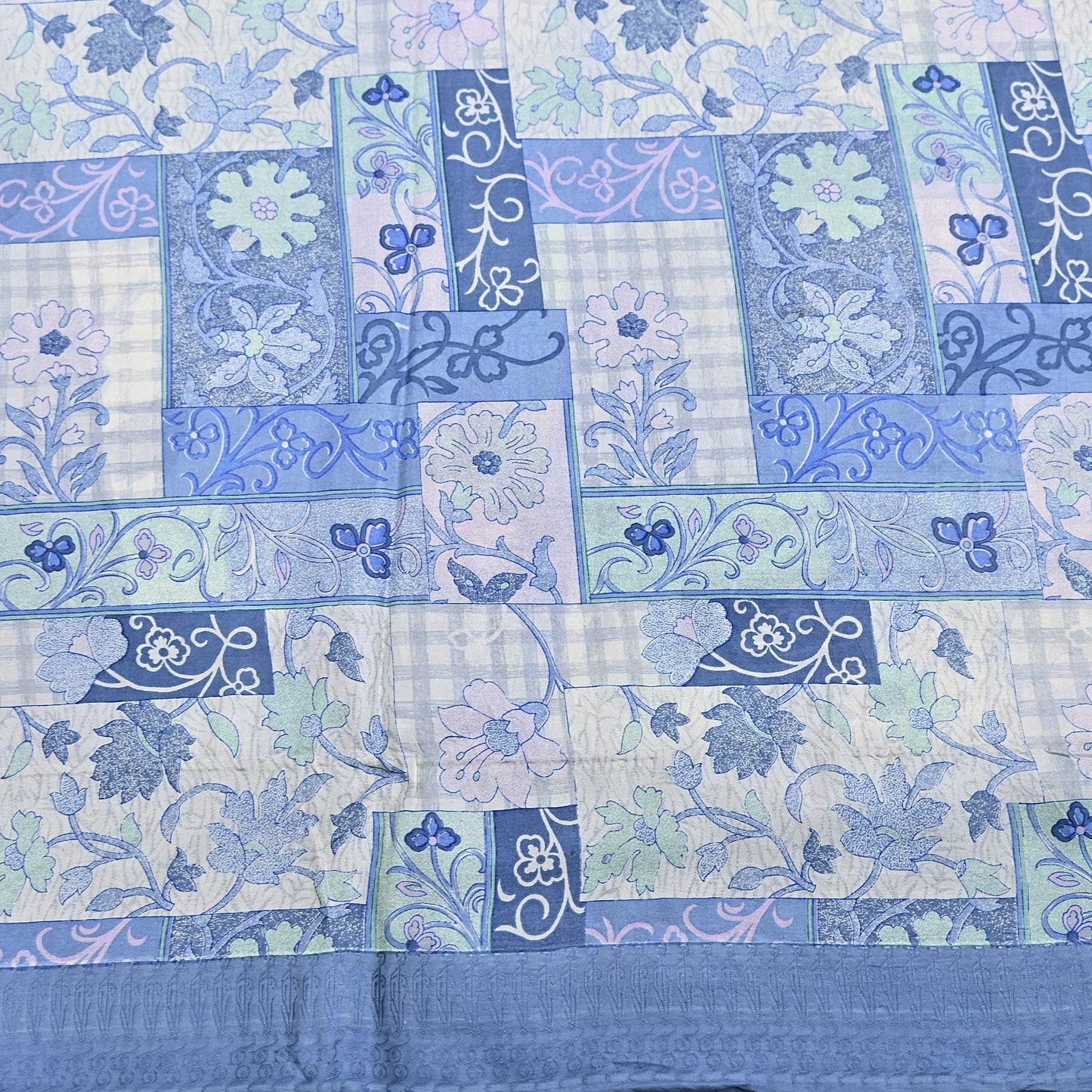 Indian Vintage Sari Gray & Blue Pure Silk Printed Saree 5yd Craft Fabric Sewing Floral Soft Dress Making Wrap used Quilting Crafting Upcycle