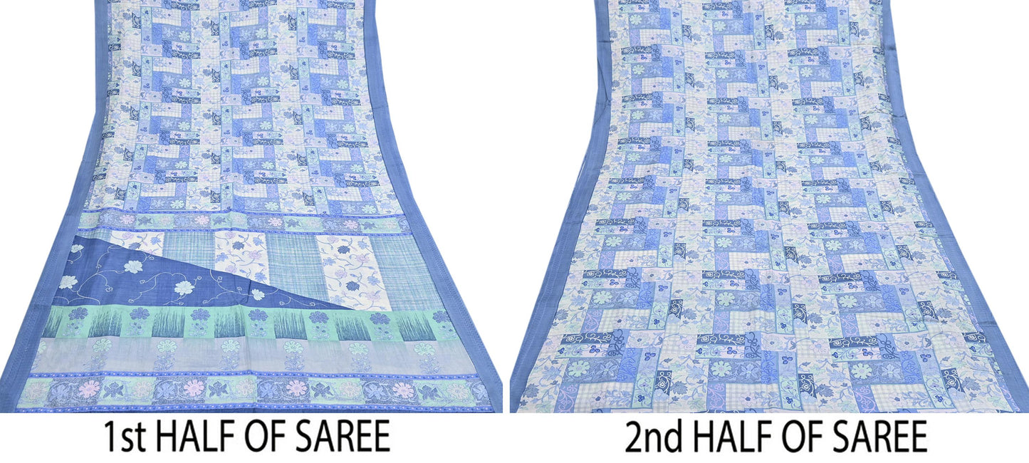 Indian Vintage Sari Gray & Blue Pure Silk Printed Saree 5yd Craft Fabric Sewing Floral Soft Dress Making Wrap used Quilting Crafting Upcycle