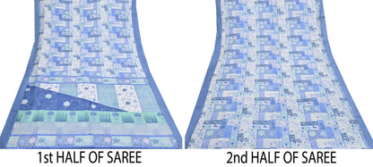 Indian Vintage Sari Gray & Blue Pure Silk Printed Saree 5yd Craft Fabric Sewing Floral Soft Dress Making Wrap used Quilting Crafting Upcycle