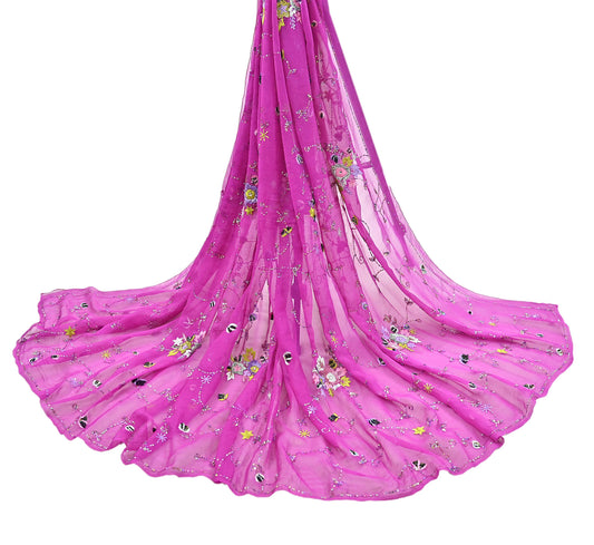 Indian Vintage Purple Dupatta Pure Georgette silk Long Stole Hand Embroidered Scarves Stole Veil Wrap Sequins Hijab