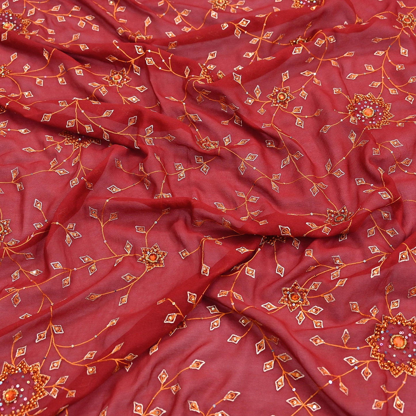 Indian Vintage Red Dupatta Pure Georgette silk Long Stole Hand Embroidered Scarves Stole Veil Wrap Sequins Hijab