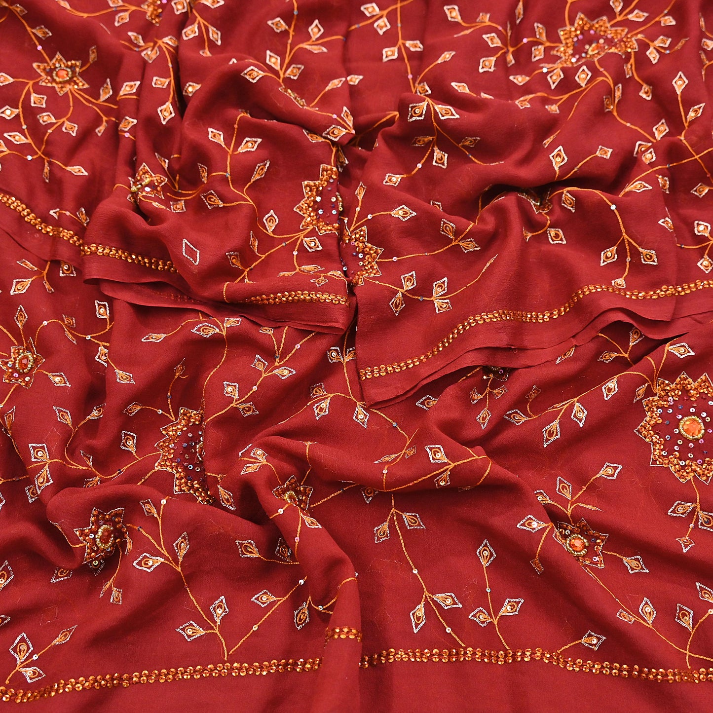 Indian Vintage Red Dupatta Pure Georgette silk Long Stole Hand Embroidered Scarves Stole Veil Wrap Sequins Hijab