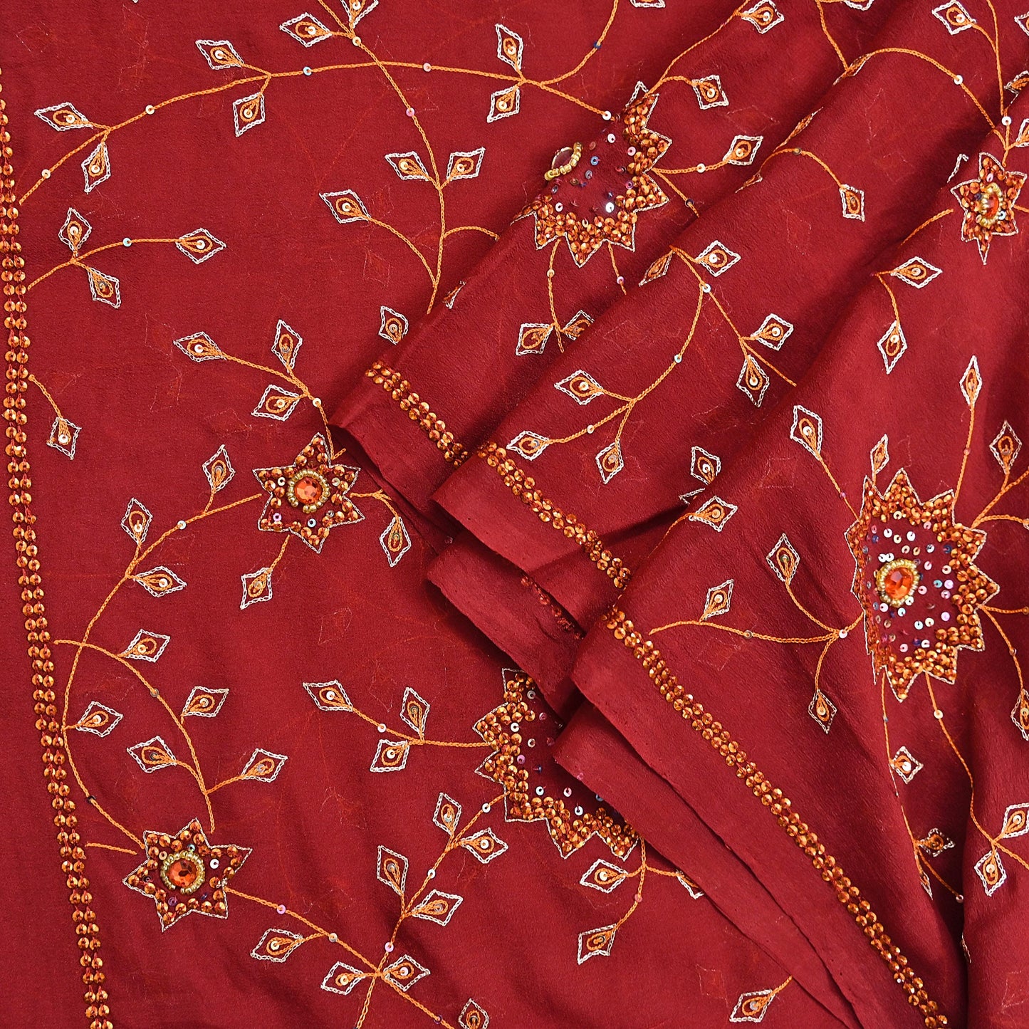 Indian Vintage Red Dupatta Pure Georgette silk Long Stole Hand Embroidered Scarves Stole Veil Wrap Sequins Hijab