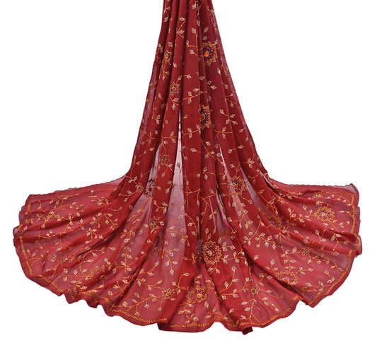 Indian Vintage Red Dupatta Pure Georgette silk Long Stole Hand Embroidered Scarves Stole Veil Wrap Sequins Hijab