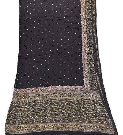 Indian Vintage Black Dupatta Long Stole Pure Georgette Silk Hand Woven Brocade Scarves Veil Scarf Wrap Hippie Boho Soft Floral