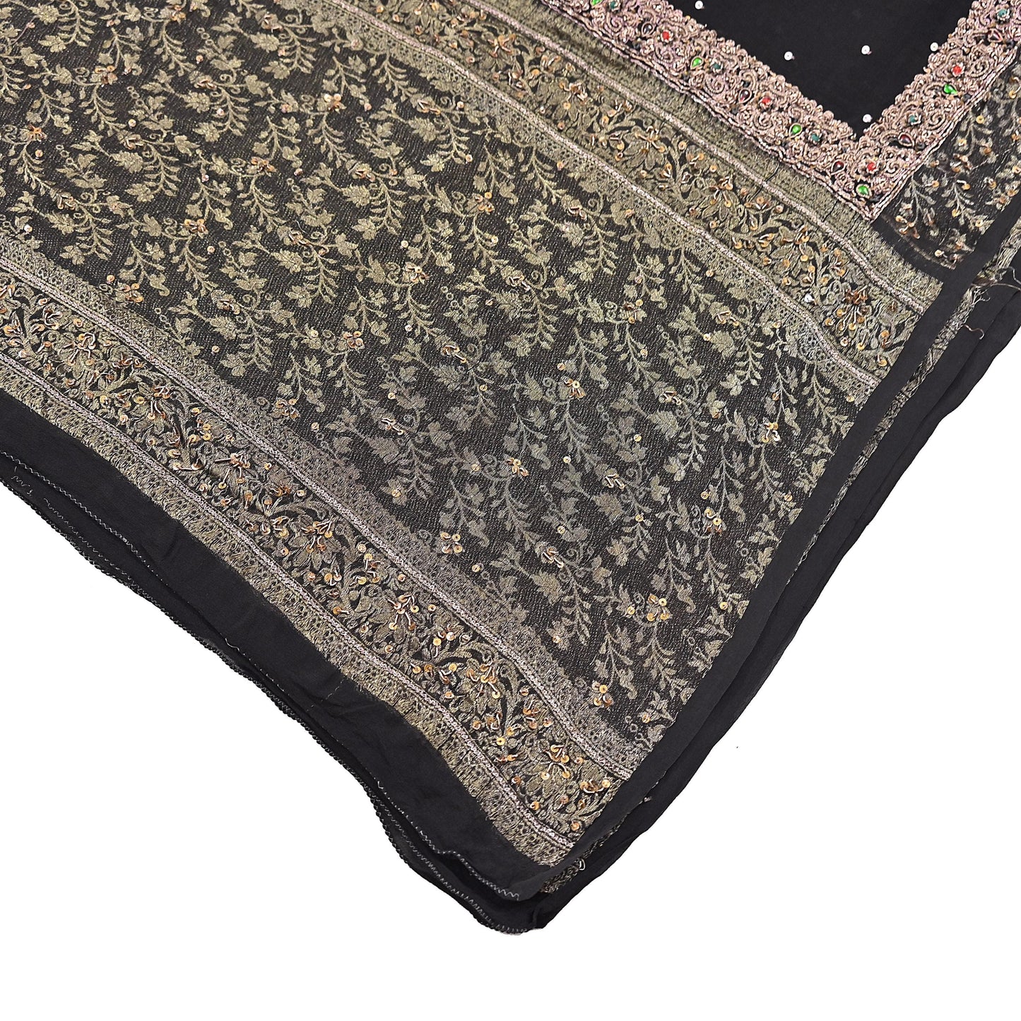 Indian Vintage Black Dupatta Long Stole Pure Georgette Silk Hand Woven Brocade Scarves Veil Scarf Wrap Hippie Boho Soft Floral