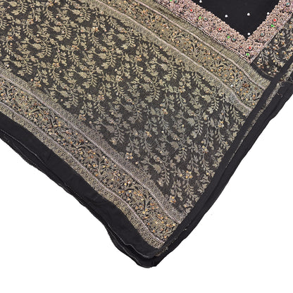 Indian Vintage Black Dupatta Long Stole Pure Georgette Silk Hand Woven Brocade Scarves Veil Scarf Wrap Hippie Boho Soft Floral