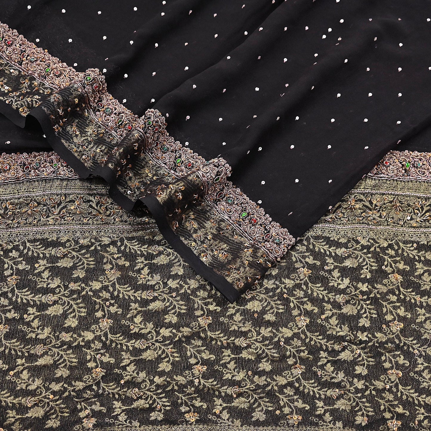 Indian Vintage Black Dupatta Long Stole Pure Georgette Silk Hand Woven Brocade Scarves Veil Scarf Wrap Hippie Boho Soft Floral
