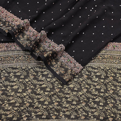 Indian Vintage Black Dupatta Long Stole Pure Georgette Silk Hand Woven Brocade Scarves Veil Scarf Wrap Hippie Boho Soft Floral