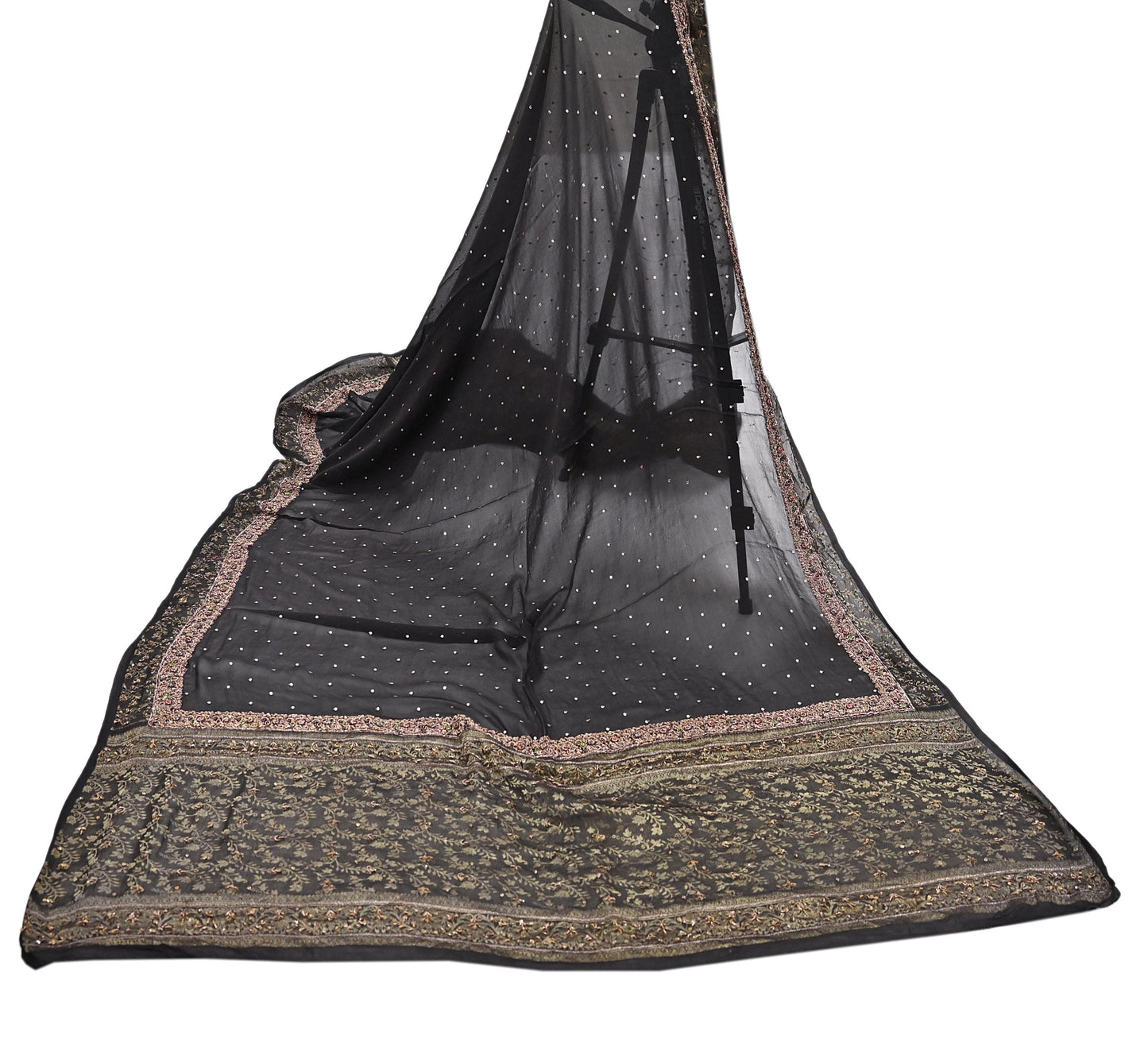 Indian Vintage Black Dupatta Long Stole Pure Georgette Silk Hand Woven Brocade Scarves Veil Scarf Wrap Hippie Boho Soft Floral
