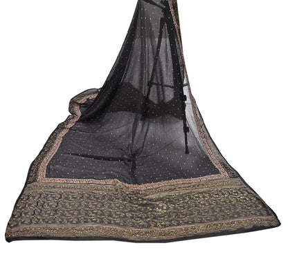 Indian Vintage Black Dupatta Long Stole Pure Georgette Silk Hand Woven Brocade Scarves Veil Scarf Wrap Hippie Boho Soft Floral