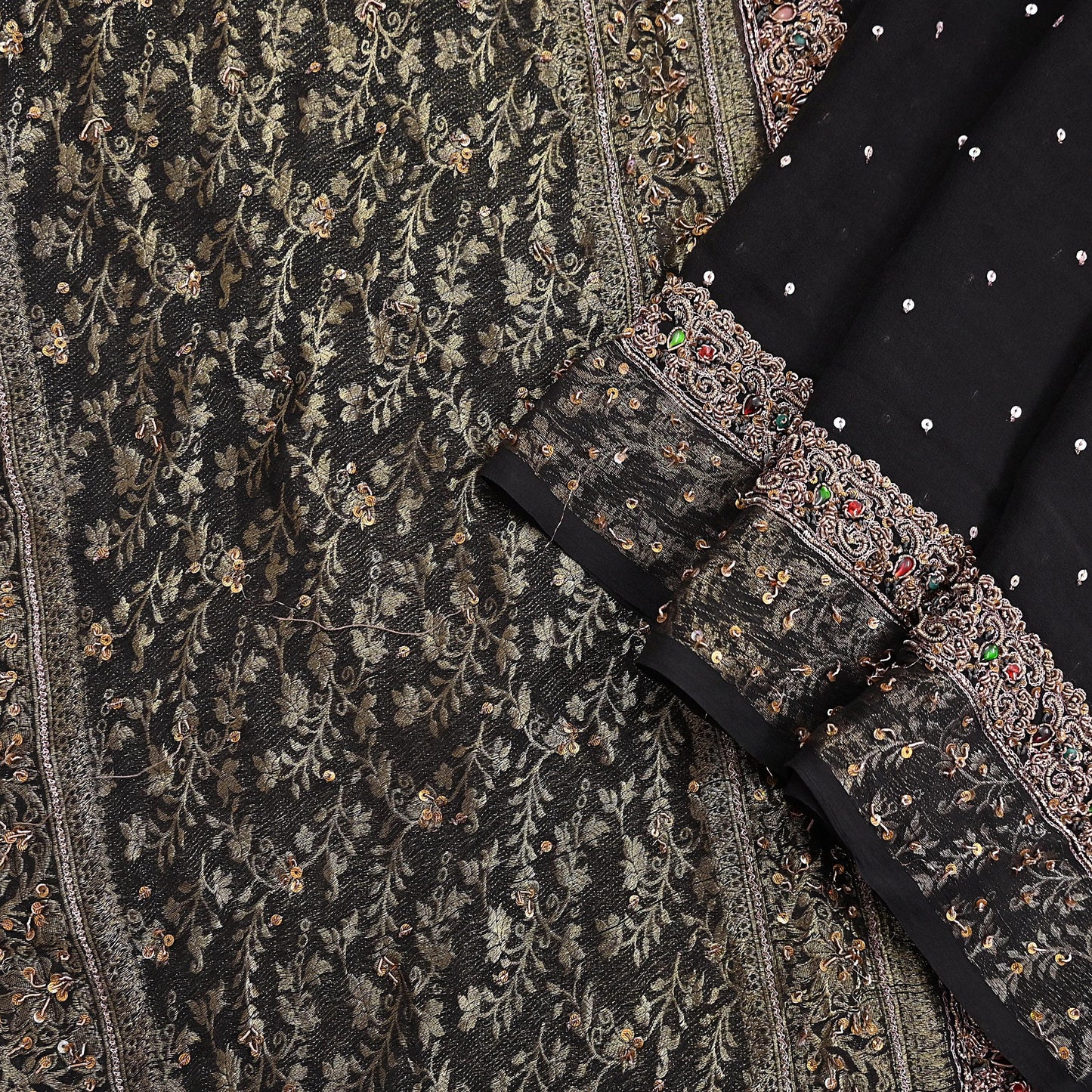 Indian Vintage Black Dupatta Long Stole Pure Georgette Silk Hand Woven Brocade Scarves Veil Scarf Wrap Hippie Boho Soft Floral