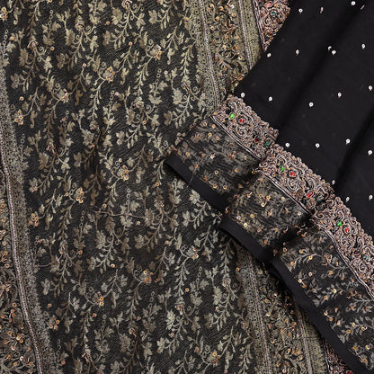 Indian Vintage Black Dupatta Long Stole Pure Georgette Silk Hand Woven Brocade Scarves Veil Scarf Wrap Hippie Boho Soft Floral