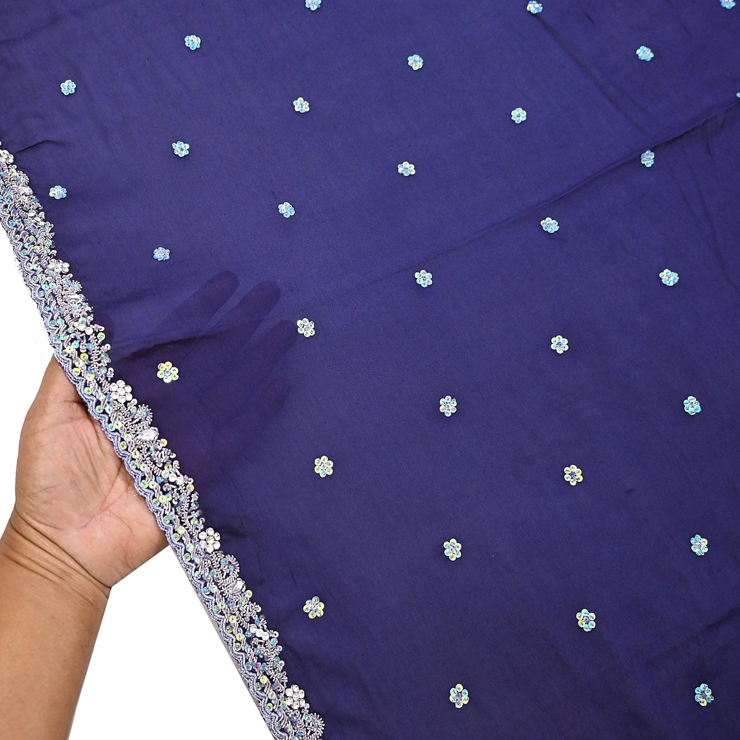 Indian Vintage Blue Dupatta Long Stole Pure Silk Hand Embroidered Scarves Veil Scarf Wrap Hippie Boho Zardozi/ Dabka