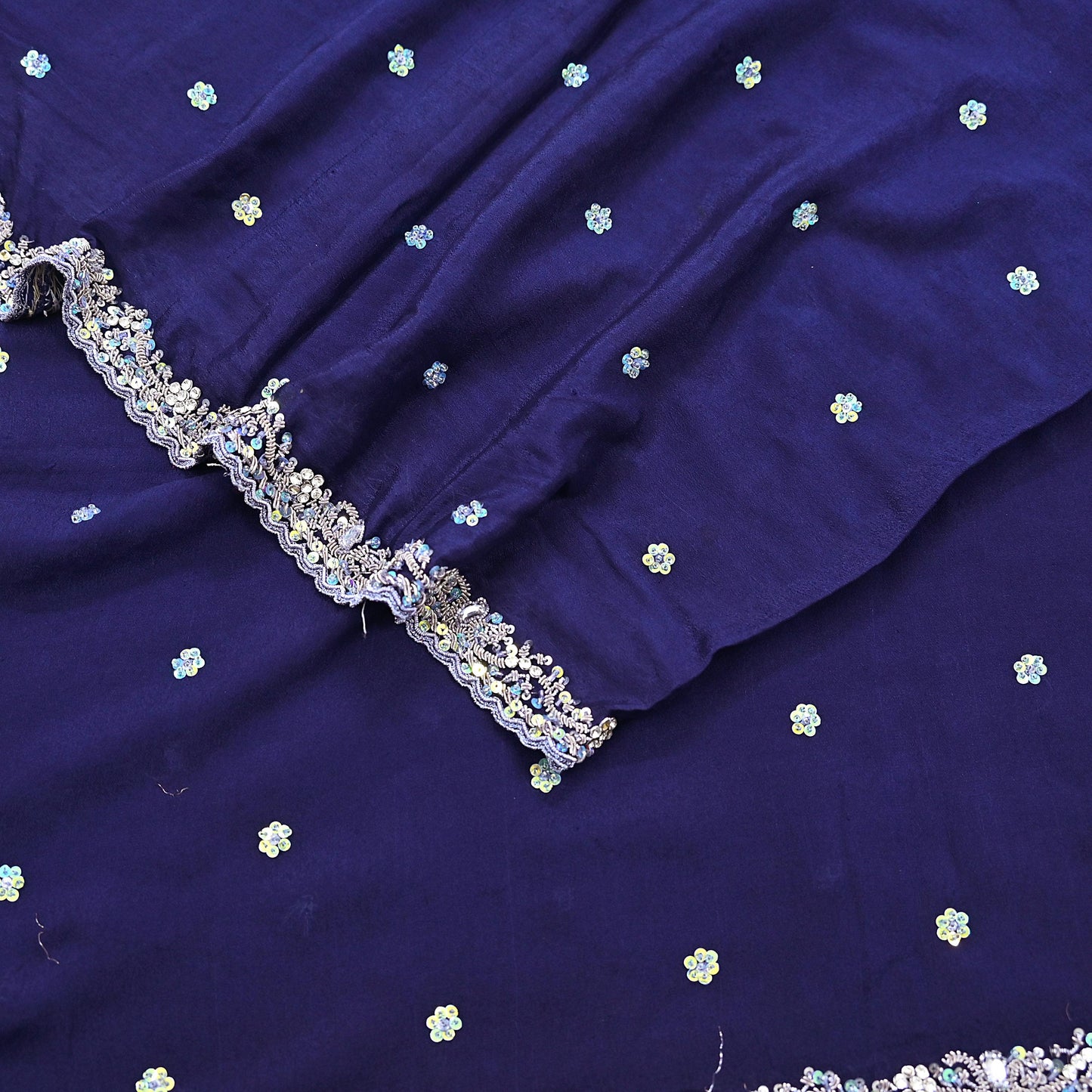 Indian Vintage Blue Dupatta Long Stole Pure Silk Hand Embroidered Scarves Veil Scarf Wrap Hippie Boho Zardozi/ Dabka