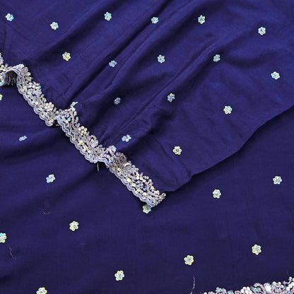 Indian Vintage Blue Dupatta Long Stole Pure Silk Hand Embroidered Scarves Veil Scarf Wrap Hippie Boho Zardozi/ Dabka