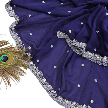 Indian Vintage Blue Dupatta Long Stole Pure Silk Hand Embroidered Scarves Veil Scarf Wrap Hippie Boho Zardozi/ Dabka
