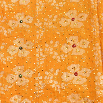 Indian Vintage Dupatta Saffron Long Stole Pure silk Woven Brocade Banarasi Scarves Veil Scarf Wrap Hippie Boho Soft Floral Zari