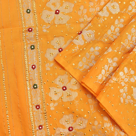 Indian Vintage Dupatta Saffron Long Stole Pure silk Woven Brocade Banarasi Scarves Veil Scarf Wrap Hippie Boho Soft Floral Zari