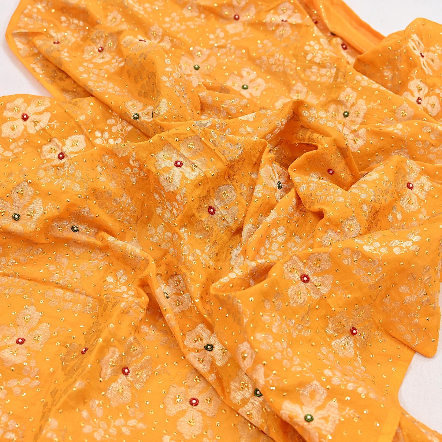 Indian Vintage Dupatta Saffron Long Stole Pure silk Woven Brocade Banarasi Scarves Veil Scarf Wrap Hippie Boho Soft Floral Zari