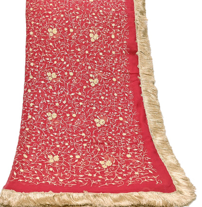 Indian Vintage Heavy Red Dupatta Pure Chiffon silk Long Stole Hand Embroidered Scarves Floral Design Stole Veil Wrap Zari Zardozi fringes