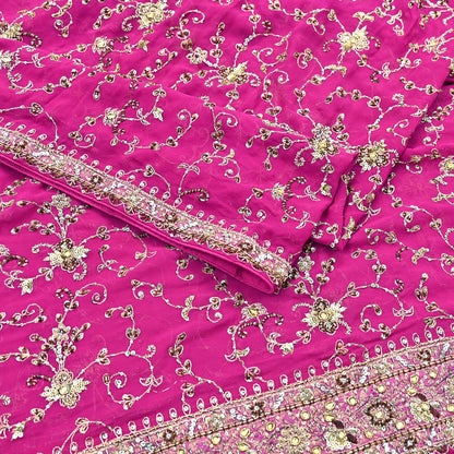 Indian Vintage Heavy Magenta Dupatta Pure Georgette Silk Long Stole Hand Embroidered Scarf Zardozi/Dabka