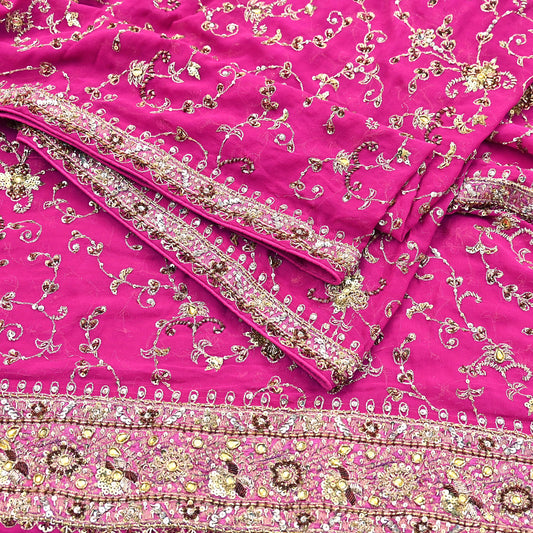 Indian Vintage Heavy Magenta Dupatta Pure Georgette Silk Long Stole Hand Embroidered Scarf Zardozi/Dabka