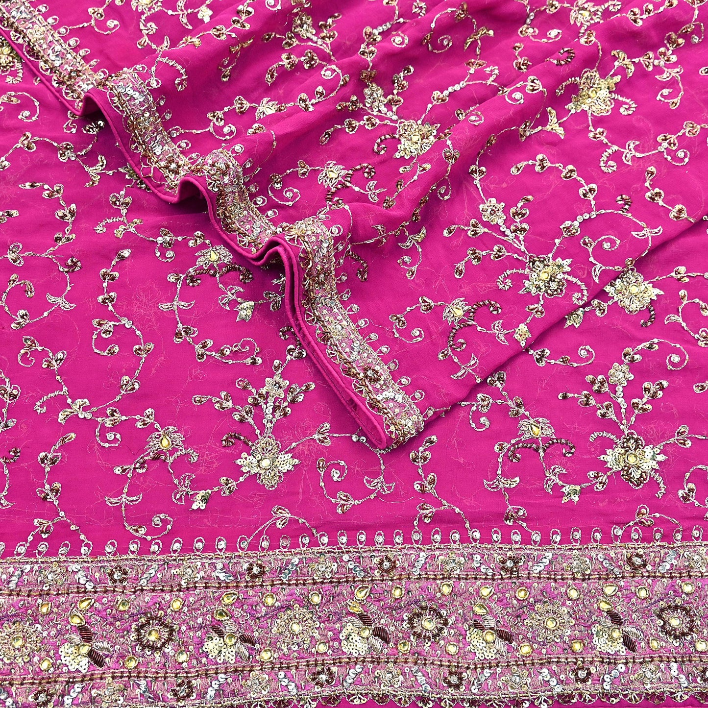 Indian Vintage Heavy Magenta Dupatta Pure Georgette Silk Long Stole Hand Embroidered Scarf Zardozi/Dabka