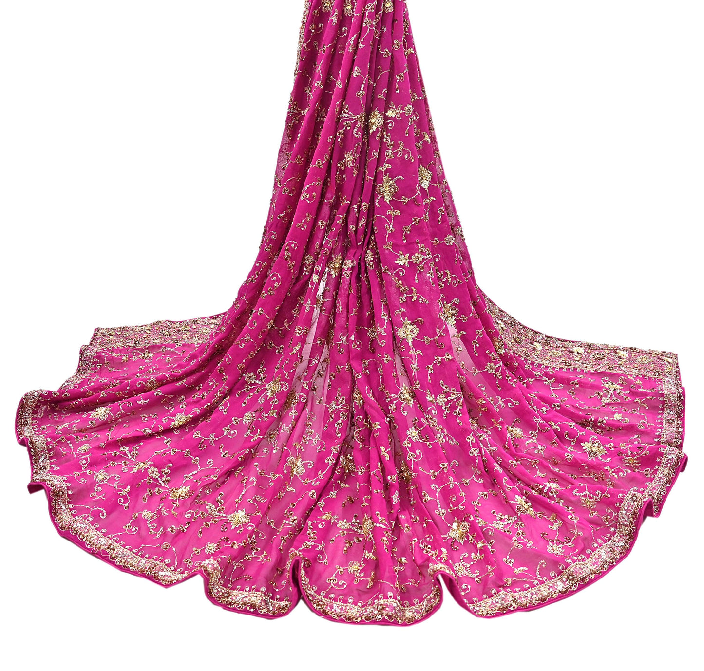 Indian Vintage Heavy Magenta Dupatta Pure Georgette Silk Long Stole Hand Embroidered Scarf Zardozi/Dabka