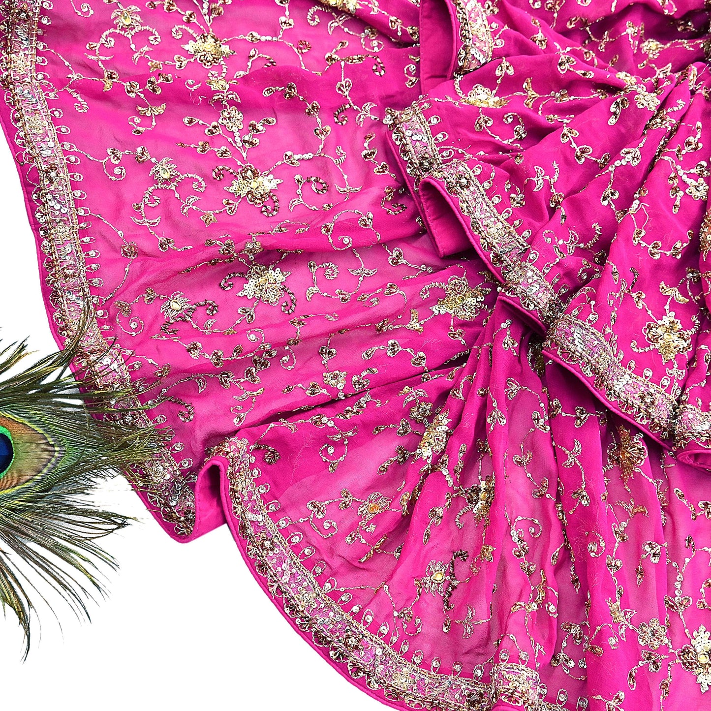 Indian Vintage Heavy Magenta Dupatta Pure Georgette Silk Long Stole Hand Embroidered Scarf Zardozi/Dabka