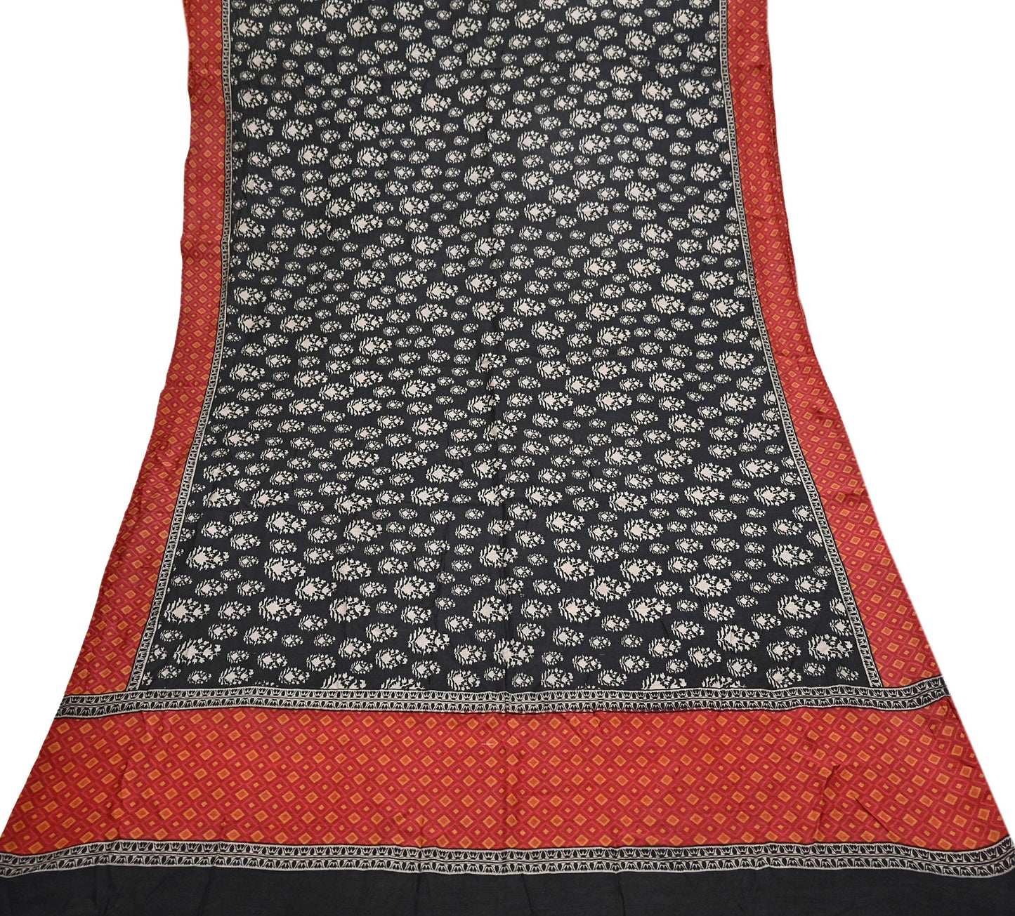 Indian Vintage Black Saree Pure Khadi Silk Handloom Printed Sari Fabric 6yd Ethnic Wear Sari Floral Designs Dress making Crafting