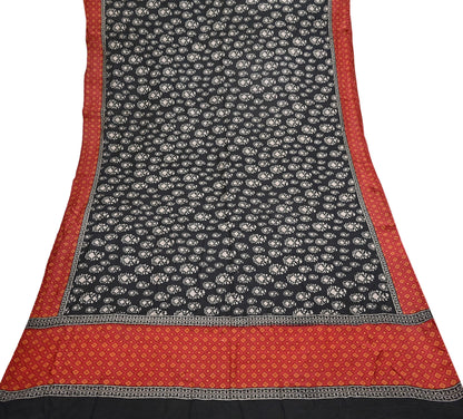Indian Vintage Black Saree Pure Khadi Silk Handloom Printed Sari Fabric 6yd Ethnic Wear Sari Floral Designs Dress making Crafting