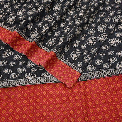 Indian Vintage Black Saree Pure Khadi Silk Handloom Printed Sari Fabric 6yd Ethnic Wear Sari Floral Designs Dress making Crafting