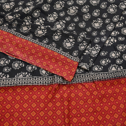 Indian Vintage Black Saree Pure Khadi Silk Handloom Printed Sari Fabric 6yd Ethnic Wear Sari Floral Designs Dress making Crafting