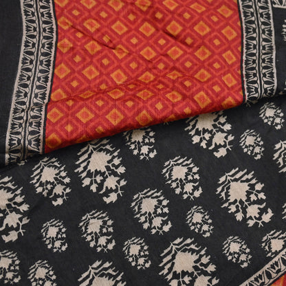 Indian Vintage Black Saree Pure Khadi Silk Handloom Printed Sari Fabric 6yd Ethnic Wear Sari Floral Designs Dress making Crafting
