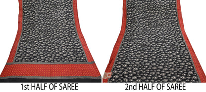 Indian Vintage Black Saree Pure Khadi Silk Handloom Printed Sari Fabric 6yd Ethnic Wear Sari Floral Designs Dress making Crafting