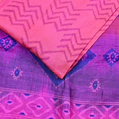 Indian Vintage Peach & Purple Saree Pure Khadi Silk Handloom Printed Sari Fabric 5yd Ethnic Wear Sari Stripes Designs Dress making Crafting