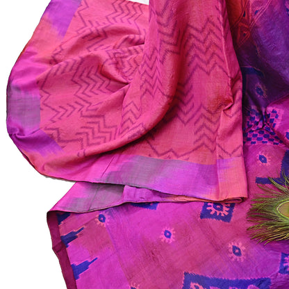 Indian Vintage Peach & Purple Saree Pure Khadi Silk Handloom Printed Sari Fabric 5yd Ethnic Wear Sari Stripes Designs Dress making Crafting