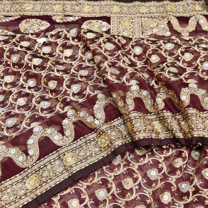 Indian Vintage Sari Maroon Tissue Hand Embroidered Sarees Craft Fabric 6Yd Sewing Soft Ethnic Zardozi/Zari Dress making Crafting